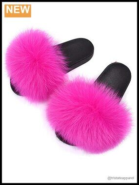Real Fox Fur Slides Fluffy Slippers Open Toe Flat Sandals Women